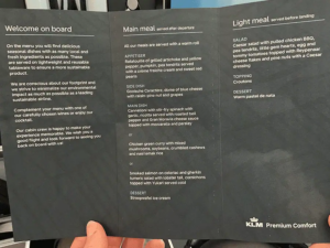 New York KLM Premium class menu kaart